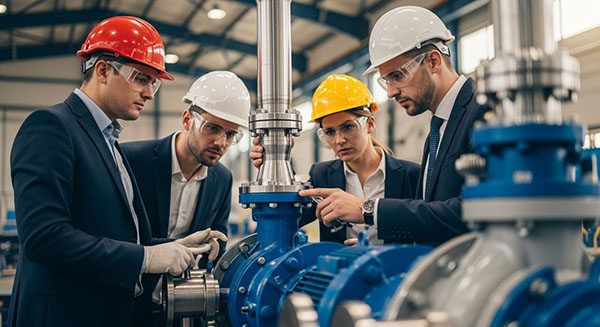 Several employees are inspecting the pump